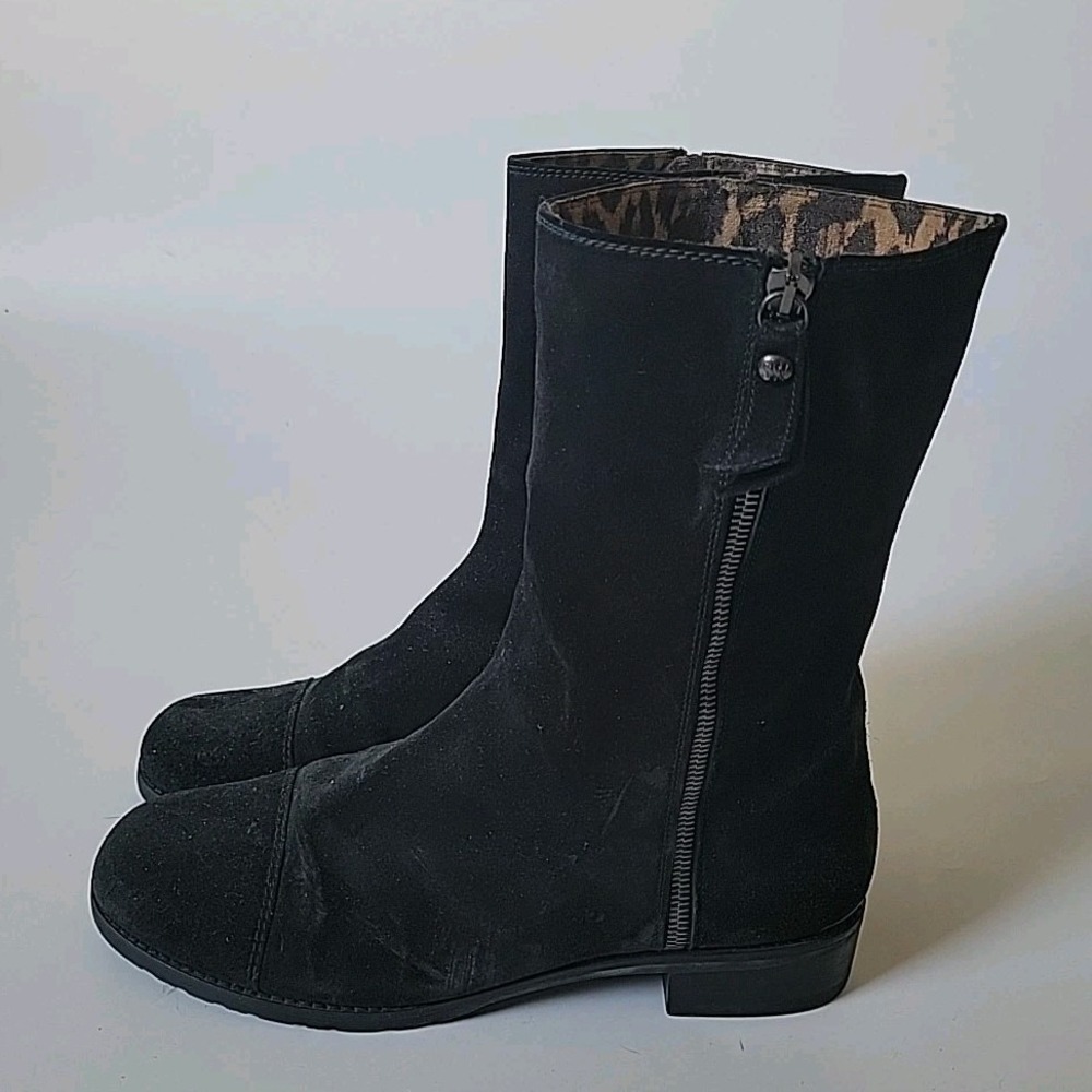 Stuart Weitzman Duluth Mid Calf Moto Boots 9.5M Black Suede Mid Calf Round Toe